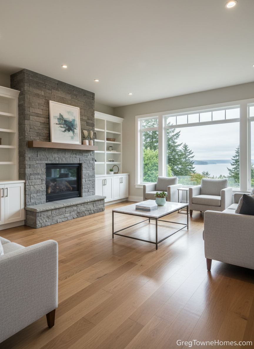 A meticulously staged living room of a contemporary Seattle craftsman home, featuring a stone-framed gas fireplace, built-in white shaker cabinets, and wide-plank oak flooring with a satin finish. Large picture windows reveal a softly blurred view of evergreen trees and a hint of the Puget Sound. Soft overcast daylight fills the room, creating even, flattering illumination with gentle shadows beneath furniture. A marble-topped coffee table holds a neatly arranged stack of real estate brochures branded with GregTowneHomes.com, alongside a small ceramic planter. Photographic realism, shot at eye level with a slightly wide angle for a spacious feel, sharp focus from foreground to background. The mood is calm, professional, and inviting, evoking the experience of touring a premium Seattle listing with a trusted local broker.