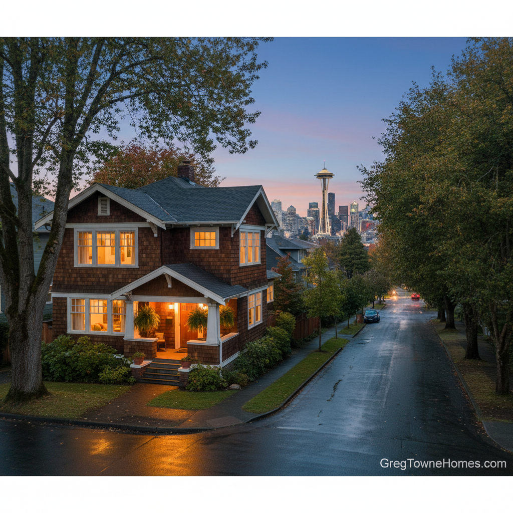 An elevated twilight exterior shot of a classic Seattle craftsman house on a quiet, tree-lined residential street, wet pavement subtly reflecting the last light from a recent drizzle. The home features cedar shingle siding, white trim, and a welcoming covered front porch with warm, glowing porch lights. The downtown skyline and faint silhouette of the Space Needle appear softly blurred in the distant background. Cool blue evening light mixes with warm window illumination, creating a balanced, cinematic contrast. Photographic realism, wide-angle composition with the house anchored on the rule of thirds. The scene feels aspirational yet grounded, presenting the kind of listing a seasoned Seattle real estate broker would proudly feature on GregTowneHomes.com.